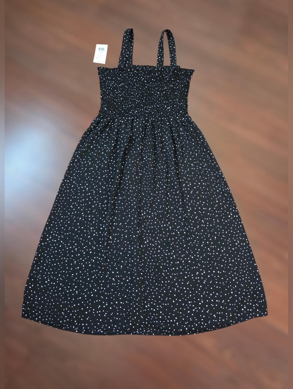 89th & Madison Black Smocked Midi Dress with White mini dots Print
